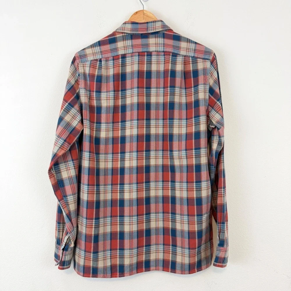 J.Crew Mens Plaid Flannel Popover Shirt Red Blue Herringbone Cotton Large